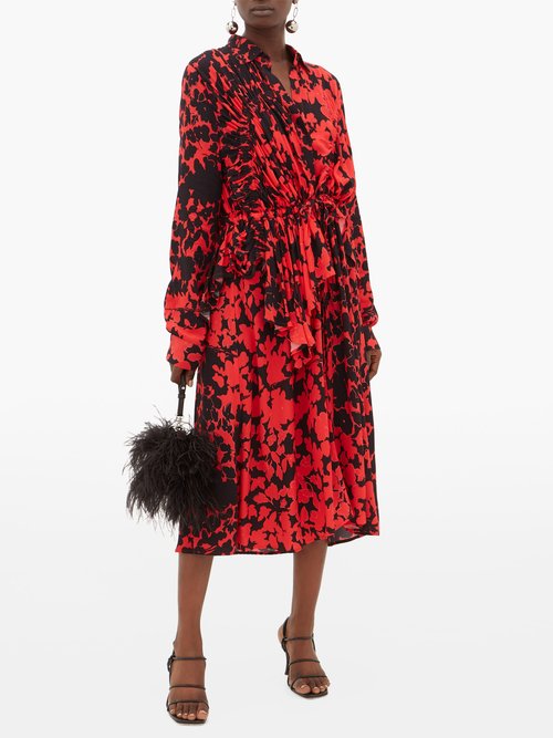 Preen Line Felicity Floral-print Crepe De Chine Dress Black Red - 60% Off Sale