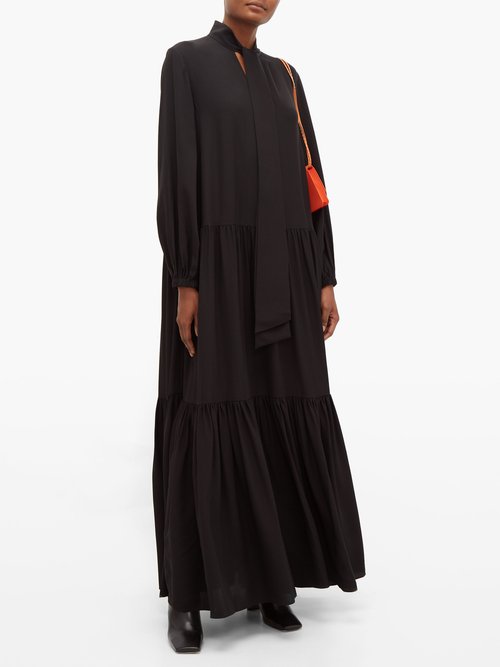 Tibi Pussy-bow Tiered Silk Maxi Dress Black - 60% Off Sale