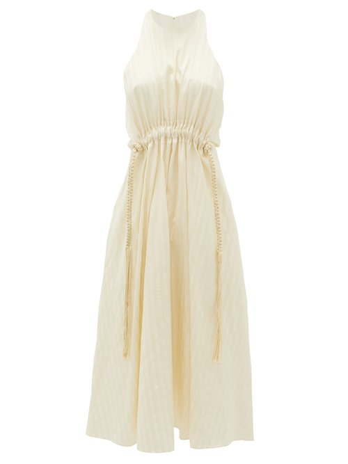 Ssone - Drawstring-waist Striped-satin Dress Cream