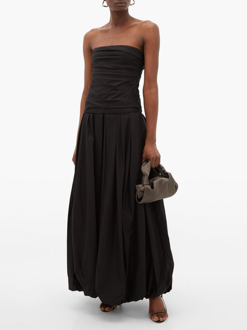 Khaite Ingrid Ruched Bandeau Puffball Cotton Dress Black - 50% Off Sale