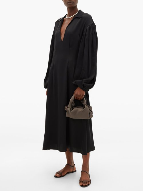 Khaite Farrely Open-collar Satin Midi Dress Black – 50% Off Sale
