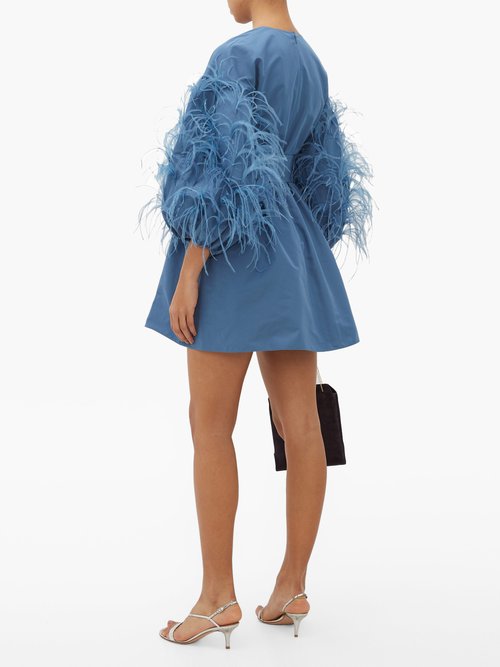 Valentino Feather-trim Cotton-blend Faille Mini Dress Blue - 40% Off Sale