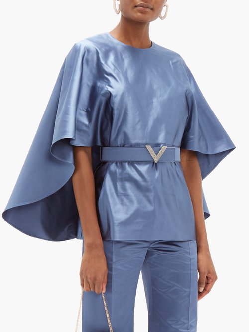 Buy Valentino Belted Cape-sleeve Silk-satin Top Blue online - shop best Valentino Tops