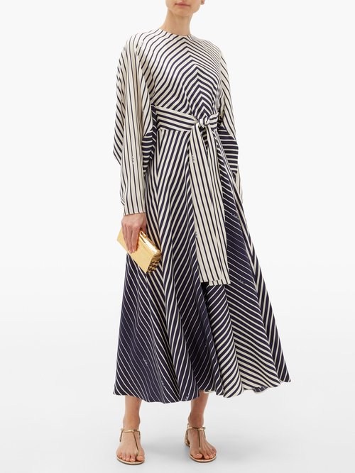 Valentino Dolman-sleeve Striped Silk-satin Dress Navy - 50% Off Sale