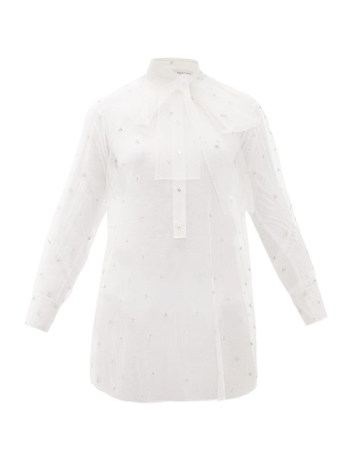 Buy Valentino - Pussy-bow Crystal-embellished Tulle Blouse White online - shop best Valentino 