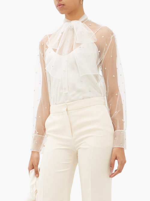 Valentino Pussy-bow Crystal-embellished Tulle Blouse White