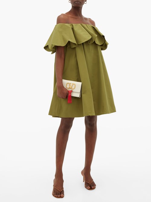 Valentino Off-the-shoulder Cotton-blend Faille Mini Dress Green - 40% Off Sale