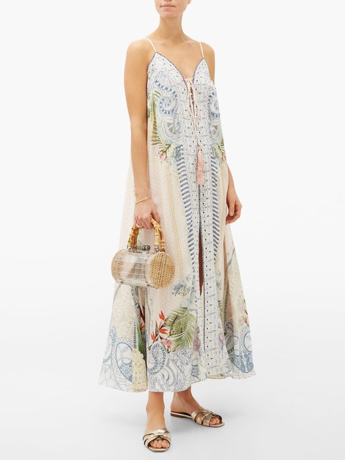 Camilla Beach Shack Lace-up Silk Maxi Dress White Print - 40% Off Sale