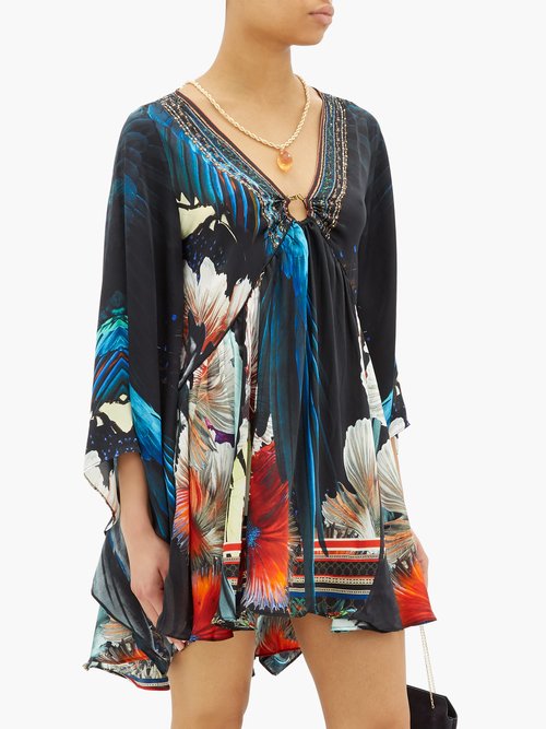 Camilla Night Flight Bell-sleeve Silk-satin Dress Black Print - 30% Off Sale