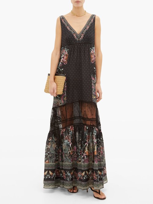 Camilla Restless Nights Lace-paneled Silk Maxi Dress Black Multi - 40% Off Sale