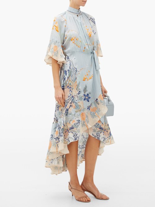 Camilla Blue Base High-neck Silk Wrap Dress Blue Print - 60% Off Sale