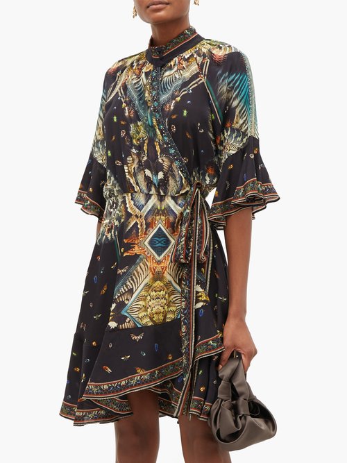 Camilla Mother Nature-print Silk Wrap Dress Black Print - 30% Off Sale