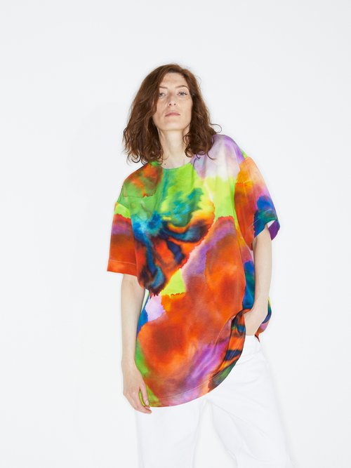 Raey Long-line Neon Tie-dye Print Silk Top Multi - 70% Off Sale