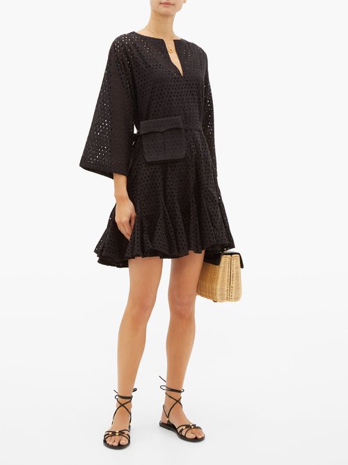 Rhode Ryan Waist-pouch Eyelet-lace Cotton Mini Dress Black - 40% Off Sale