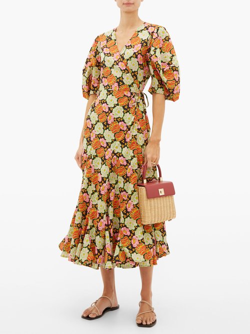 Rhode Fiona Floral-print Cotton Wrap Dress Brown Print - 50% Off Sale