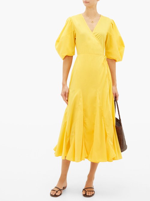 Rhode Fiona Puff-sleeve Cotton Wrap Dress Yellow - 40% Off Sale
