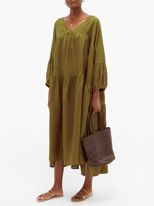 Anaak Airi Pintucked Silk-habotai Dress Olive Green