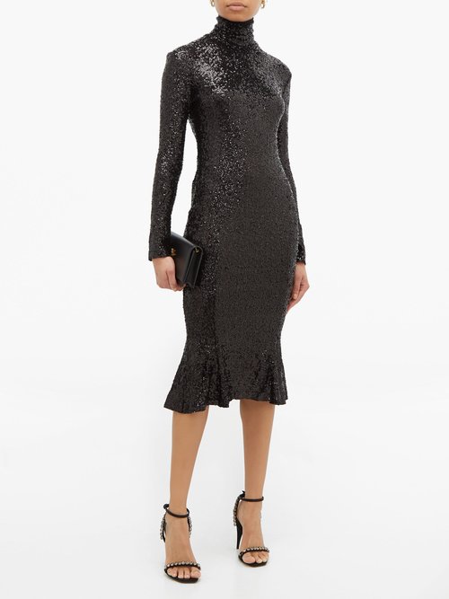 Norma Kamali High-neck Sequinned Fishtail-hem Dress Black - 40% Off Sale