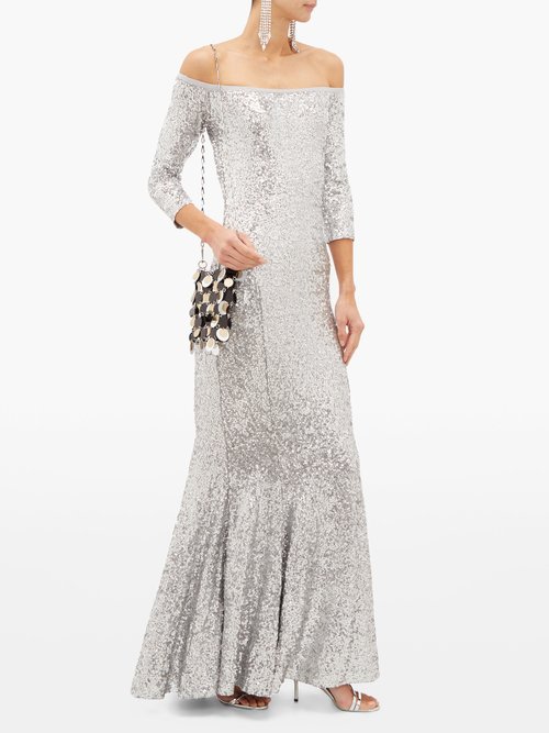 Buy Norma Kamali Mermaid-hem Off-the-shoulder Sequinned Dress Silver online - shop best Norma Kamali clothing sales