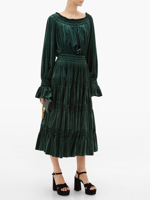 Norma Kamali Off-the-shoulder Smocked Velvet Midi Dress Dark Green - 50% Off Sale