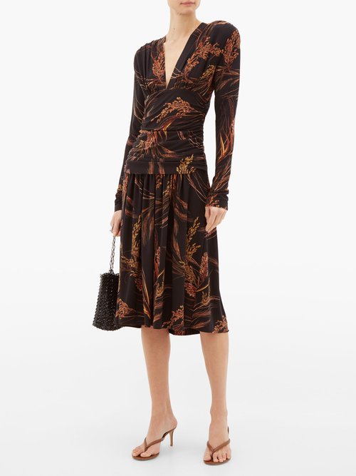 Norma Kamali Exaggerated-shoulder Wheat-print Dress Brown Print - 60% Off Sale