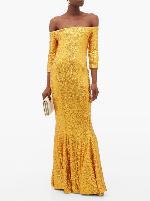 Norma Kamali Mermaid-hem Off-the-shoulder Sequinned Dress Gold - 60% Off Sale