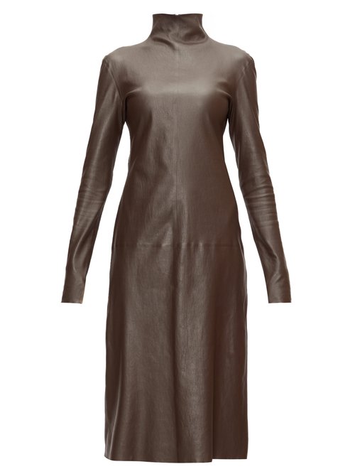 Bottega Veneta - High-neck Leather Midi Dress Dark Brown