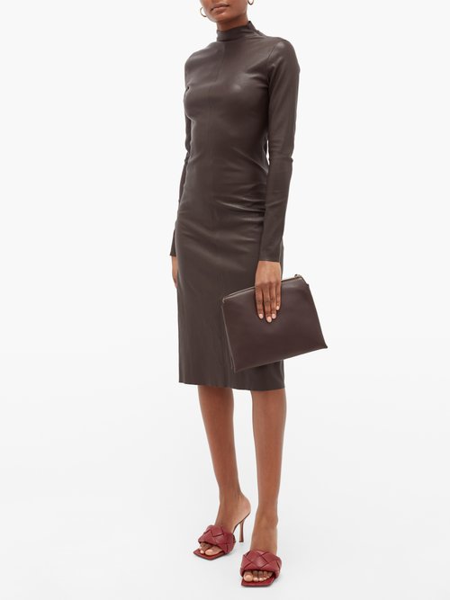 Bottega Veneta High-neck Leather Midi Dress Dark Brown