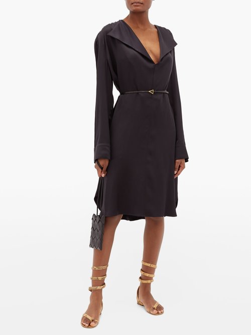 Buy Bottega Veneta Belted Wide-lapel Silk-satin Dress Black online - shop best Bottega Veneta clothing sales