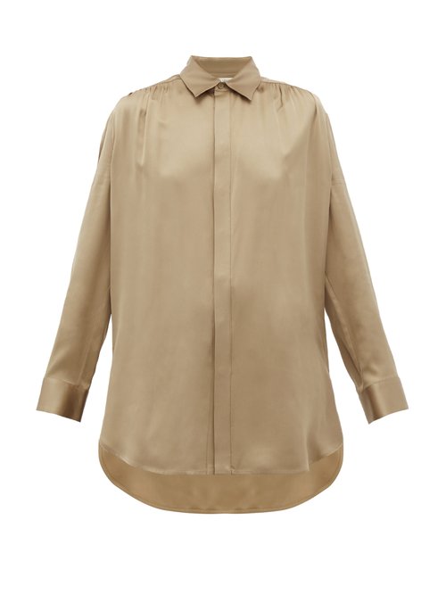 Bottega Veneta - Gathered-shoulder Silk-satin Shirt Beige