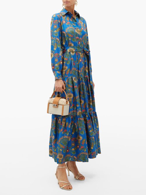 La DoubleJ Bellini Tiered Thistle-print Silk Shirt Dress Blue Print