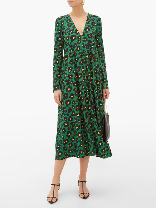 La DoubleJ Trapezio Floral-print Crepe Midi Dress Green Print - 30% Off Sale