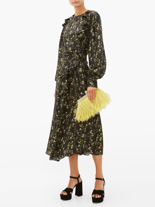 Preen By Thornton Bregazzi Nicola Ruffled Floral-print Silk-blend Midi Dress Black Print - 60% Off Sale