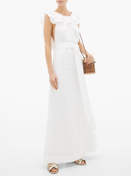 Kalita Eros Ruffled V-back Linen Maxi Dress White - 60% Off Sale