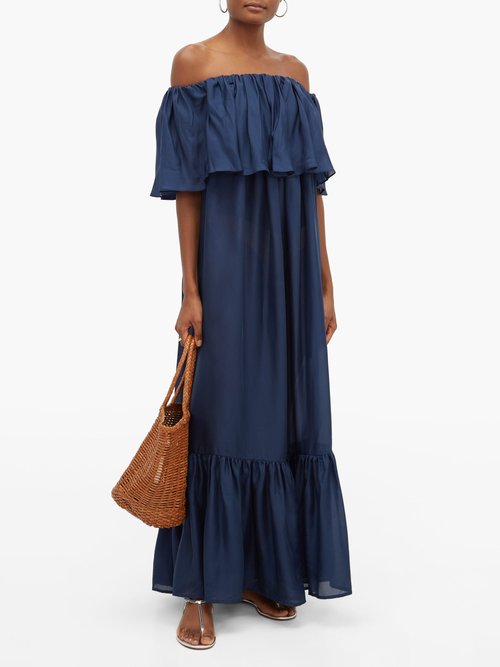 Kalita La Fontelina Off-the-shoulder Ruffled Silk Dress Navy - 50% Off Sale