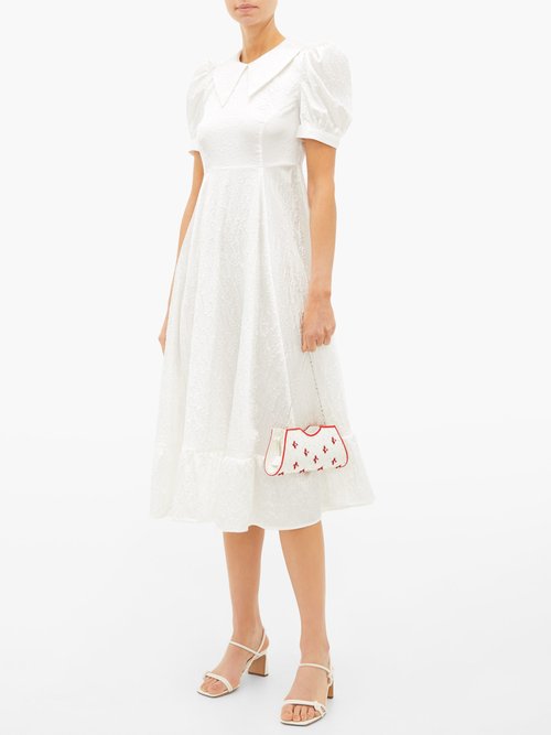 Shrimps Morpheus Floral Puff-sleeved Satin-cloqué Dress White - 70% Off Sale