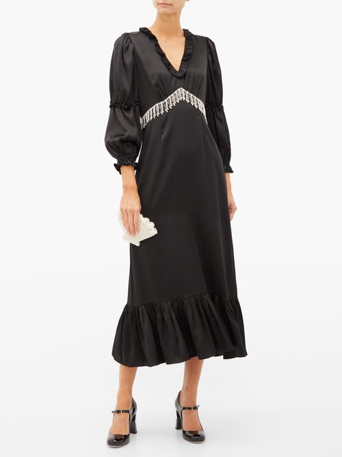 Shrimps Rosemary Crystal-fringe Silk Midi Dress Black – 60% Off Sale