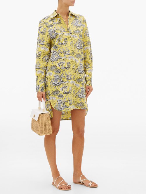 Staud Corgi Tropical-print Cotton-blend Shirt Dress Yellow - 50% Off Sale