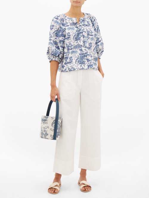 Staud Dill Balloon-sleeve Tropical-print Cotton Blouse Blue White - 40% Off Sale