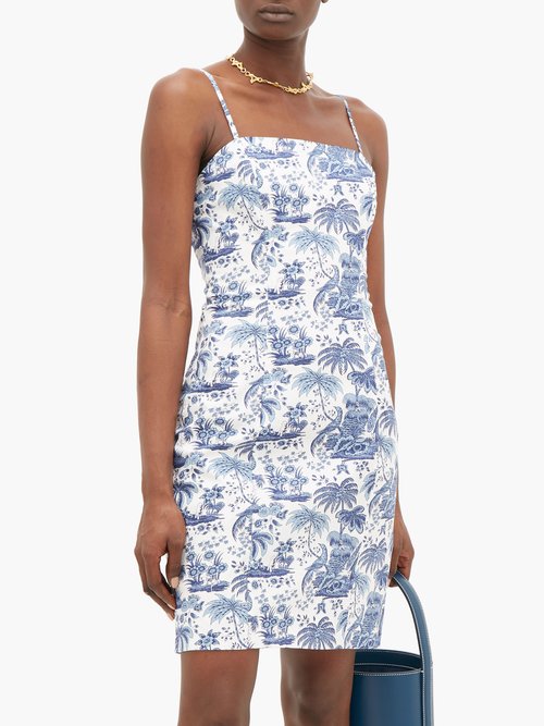 Staud Basset Tropical-print Cotton Dress Blue White - 40% Off Sale