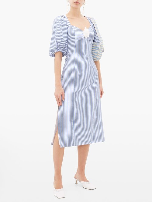 Staud Striped Cotton-poplin Midi Dress Blue White - 50% Off Sale