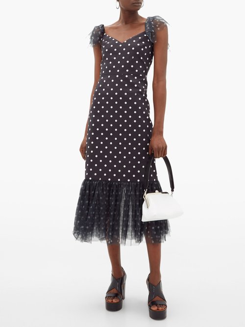 Buy Staud Tulle-trim Polka-dot Cotton-blend Midi Dress Black White online - shop best Staud clothing sales