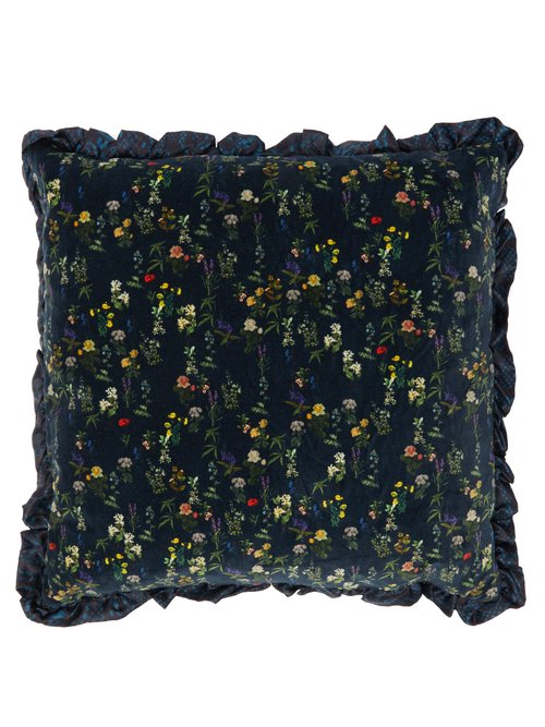 Snake And Floral-print Ruffle-edged Satin Cushion