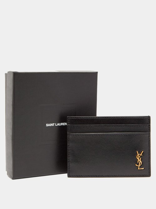 Grey YSL-plaque grained-leather cardholder, Saint Laurent