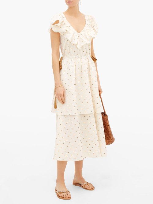 Loup Charmant Kalame Ruffled Polka-dot Embroidered Cotton Dress White Print - 60% Off Sale