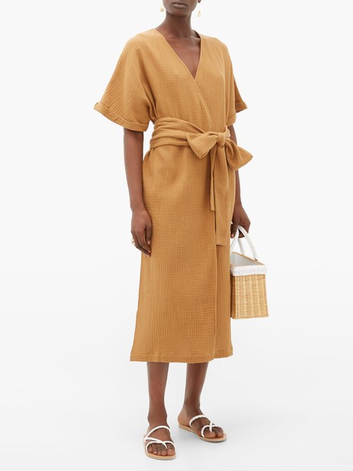 Loup Charmant Kichi Cotton-seersucker Wrap Dress Tan - 40% Off Sale
