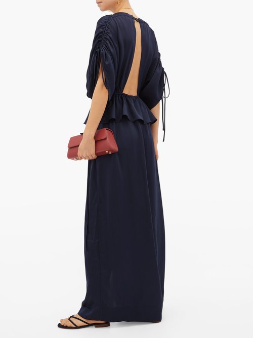 Loup Charmant Athena Open-back Hammered Silk-satin Maxi Dress Dark Blue - 60% Off Sale