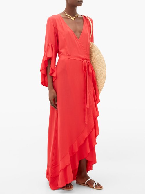 Melissa Odabash Cheryl Ruffled Wrap Dress Red - 40% Off Sale