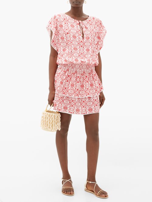 Melissa Odabash Keri Tiered Tile-print Crepe Mini Dress Red Print - 30% Off Sale