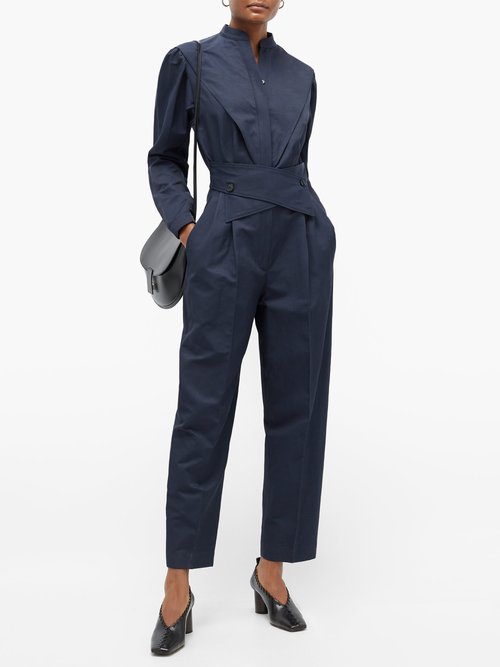 Buy Stella Mccartney Crossover-belt Slubbed-twill Jumpsuit Navy online - shop best Stella McCartney jumpsuits